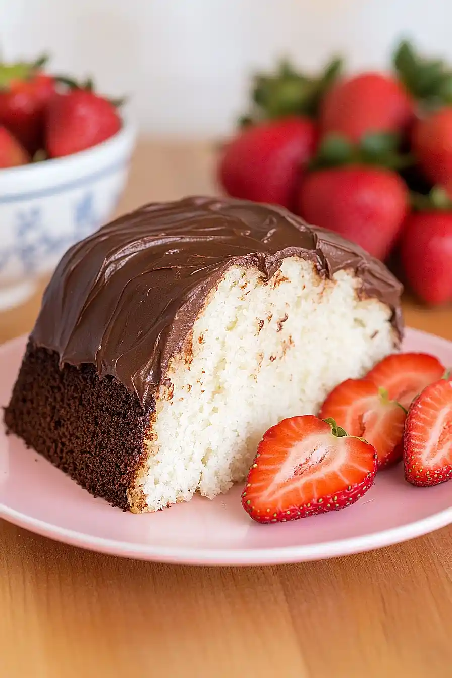 angel food cake with chocolate frosting